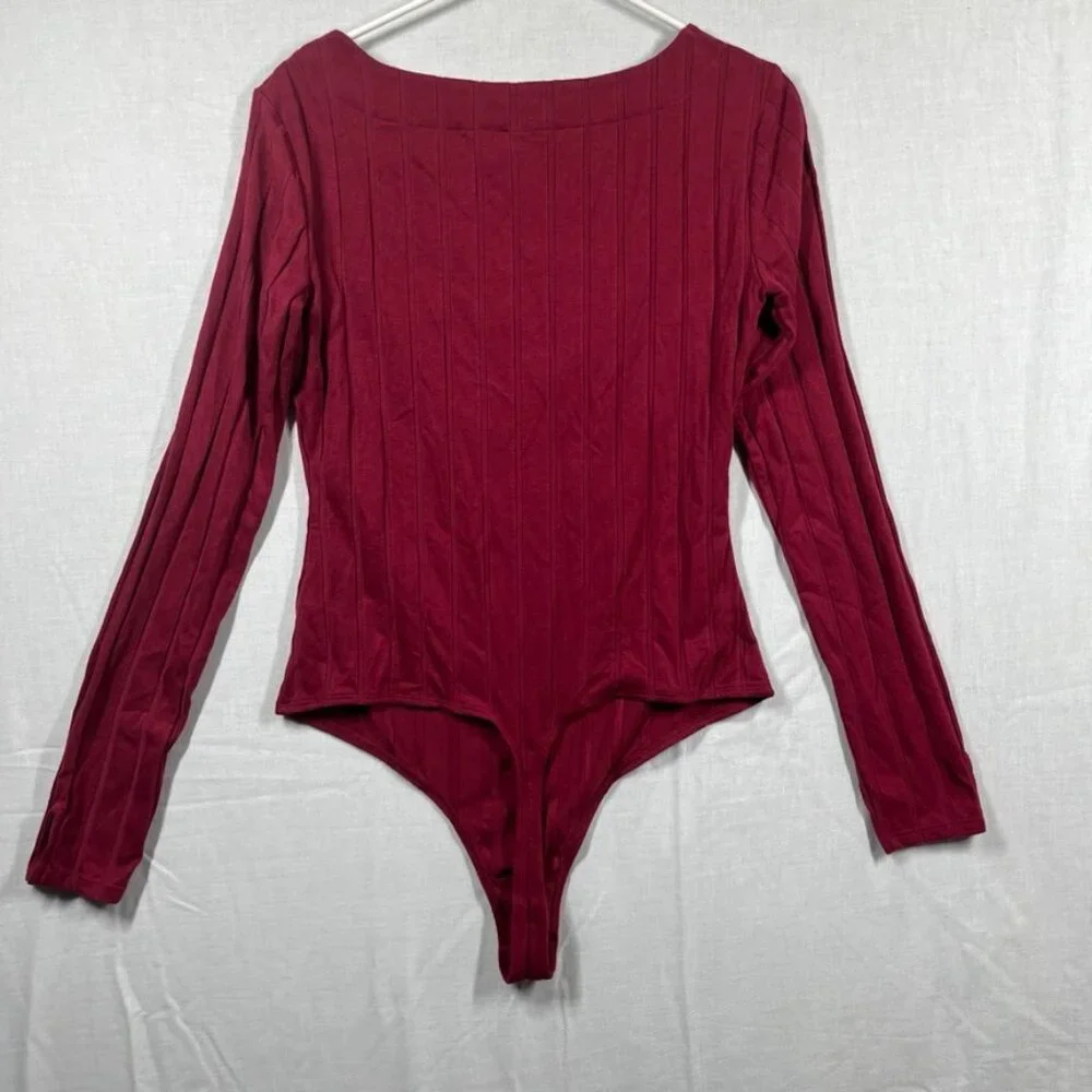 FREE PEOPLE INTIMATELY Bodysuit Large Maroon Long Sleeve Beside Me Ribbed Thong - Picture 7 of 8